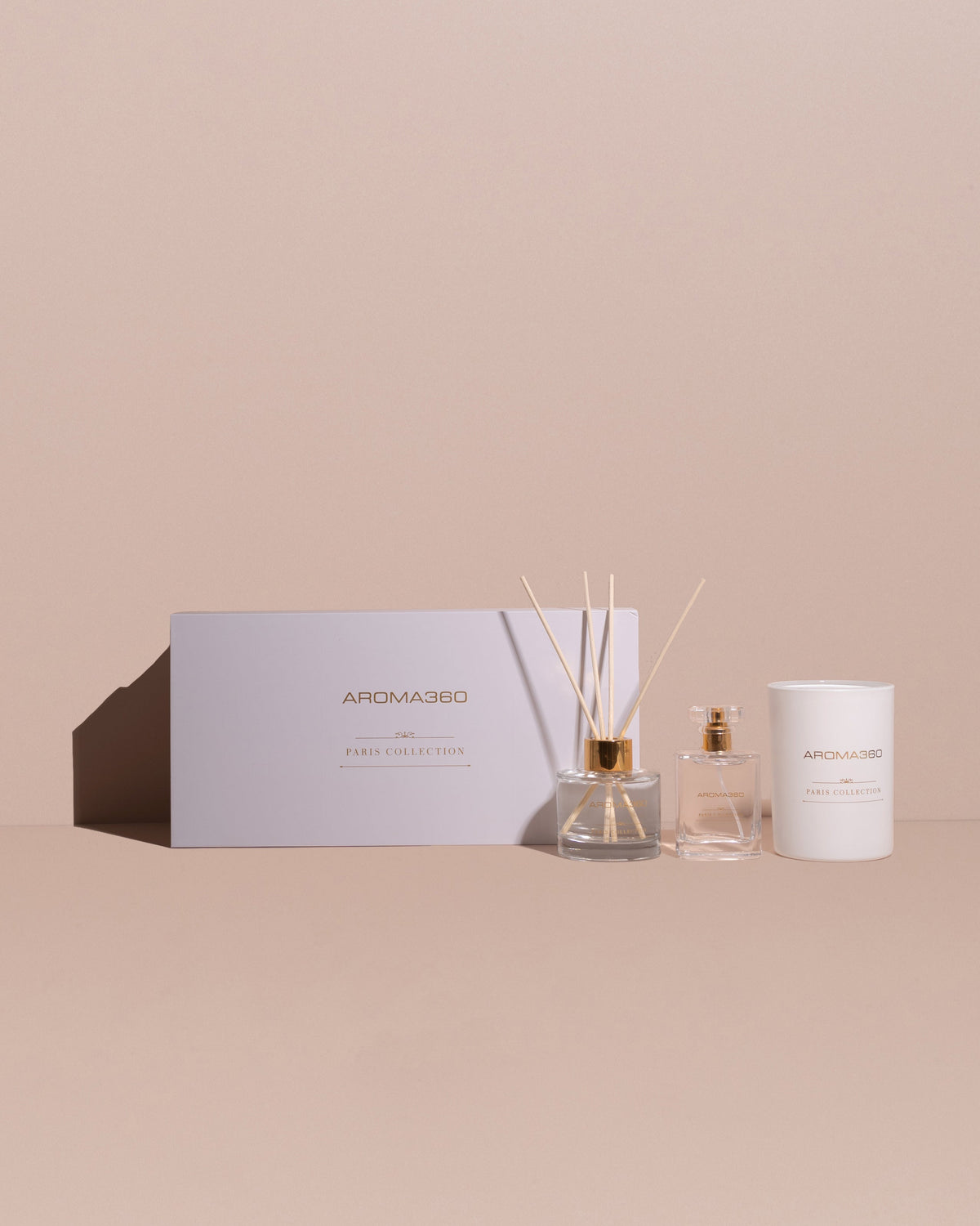 Paris Collection Set - Gift Set with 14oz Candle, Reed Diffuser, and Room Spray - White and Gold - Elegant Aroma for Home & Relaxation